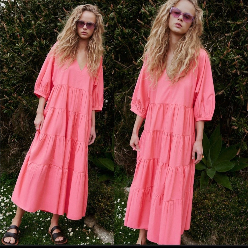 Zara Coral Pink Tiered Long Sleeve Maxi Dress